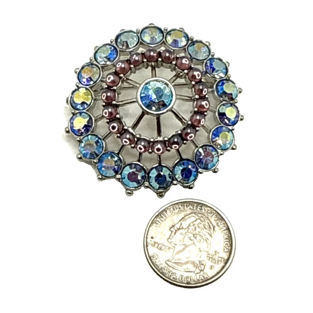 Vintage Blue Aurora Borealis Rhinestone Brooch Purple Moonstone Accents 2 1/8